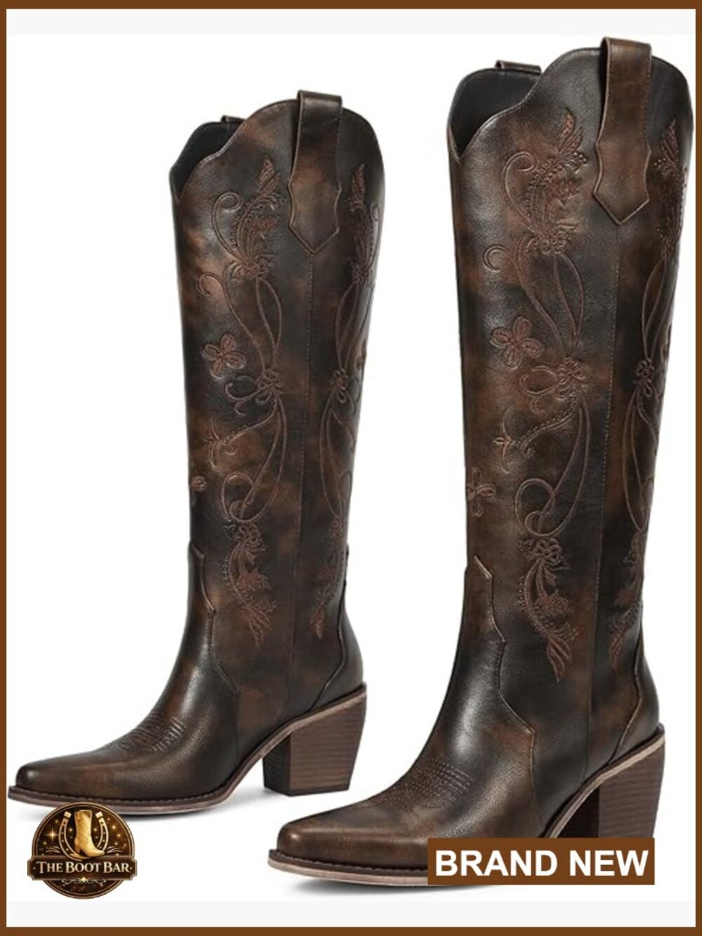 Knee High Cowboy Boots with Floral Embroidery, Chunky Heel, Pointed Toe